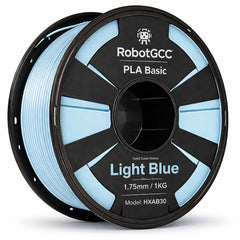 Spool of RobotGCC PLA Basic filament in lake blue color on a white background