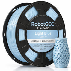 Spool of RobotGCC PLA Basic light blue filament with a 3D printed vase on a white background
