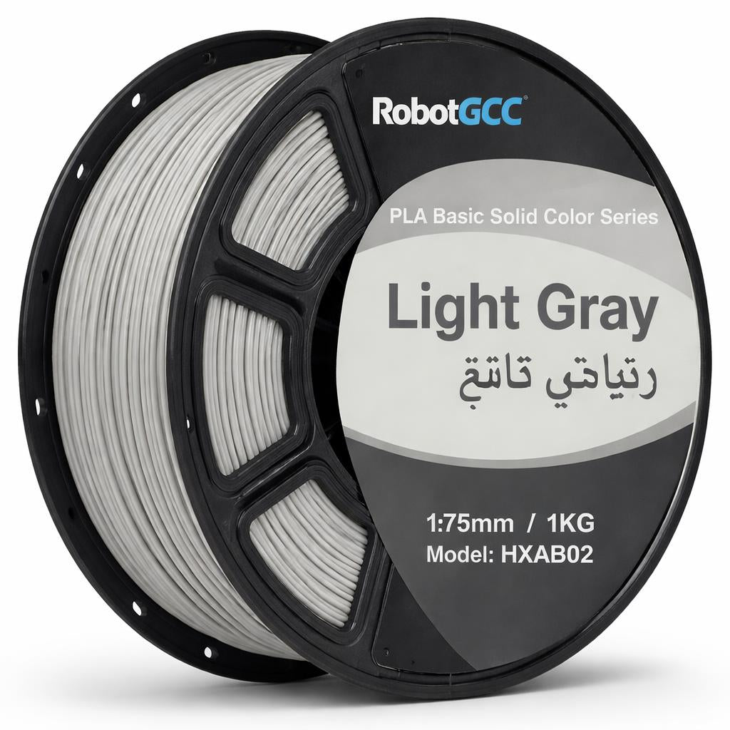 Spool of light gray 3D printing filament with RobotGCC branding on a white background