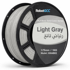 Spool of light gray 3D printing filament with RobotGCC branding on a white background