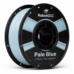 Spool of RobotGCC pale blue 3D printing filament on a white background