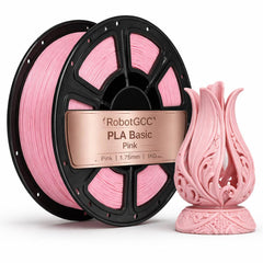Spool of pink 3D printing filament with a printed pink vase on a white background