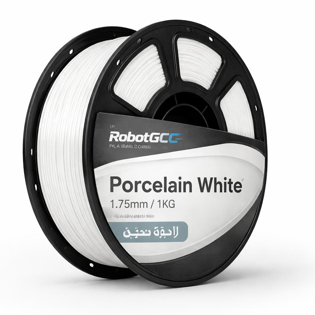 Spool of RobotGCE Porcelain White 3D printing filament on a white background