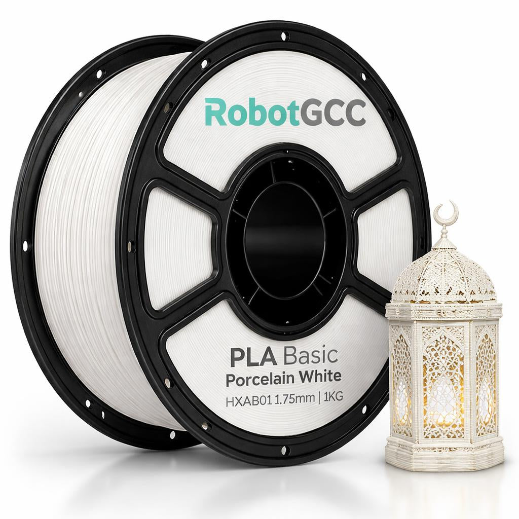 Spool of RobotGCC PLA Basic Porcelain White filament with a decorative lantern on a white background