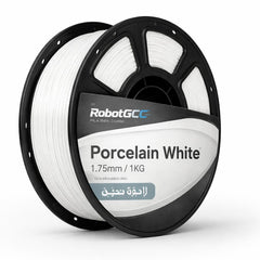 Spool of RobotGCE Porcelain White 3D printing filament on a white background