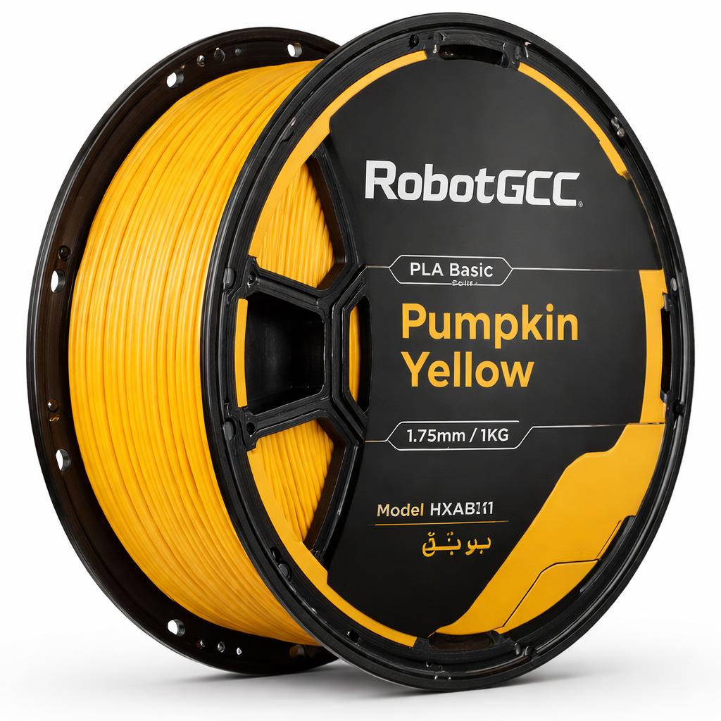 Spool of RobotGCC pumpkin yellow 3D printing filament on a white background