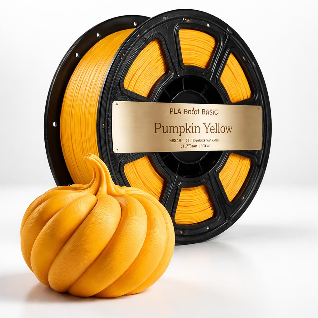 Spool of yellow 3D printing filament with a pumpkin-shaped object on a white background