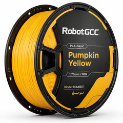 Spool of RobotGCC pumpkin yellow 3D printing filament on a white background