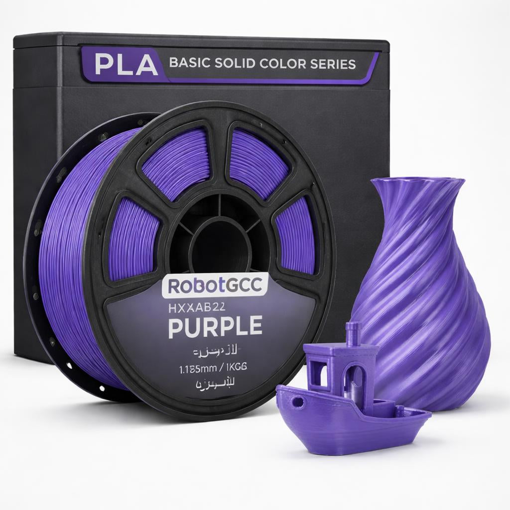 Purple 3D printing filament spool with a printed object and packaging on a white background
