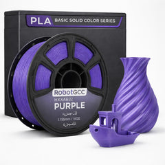Purple 3D printing filament spool with a printed object and packaging on a white background