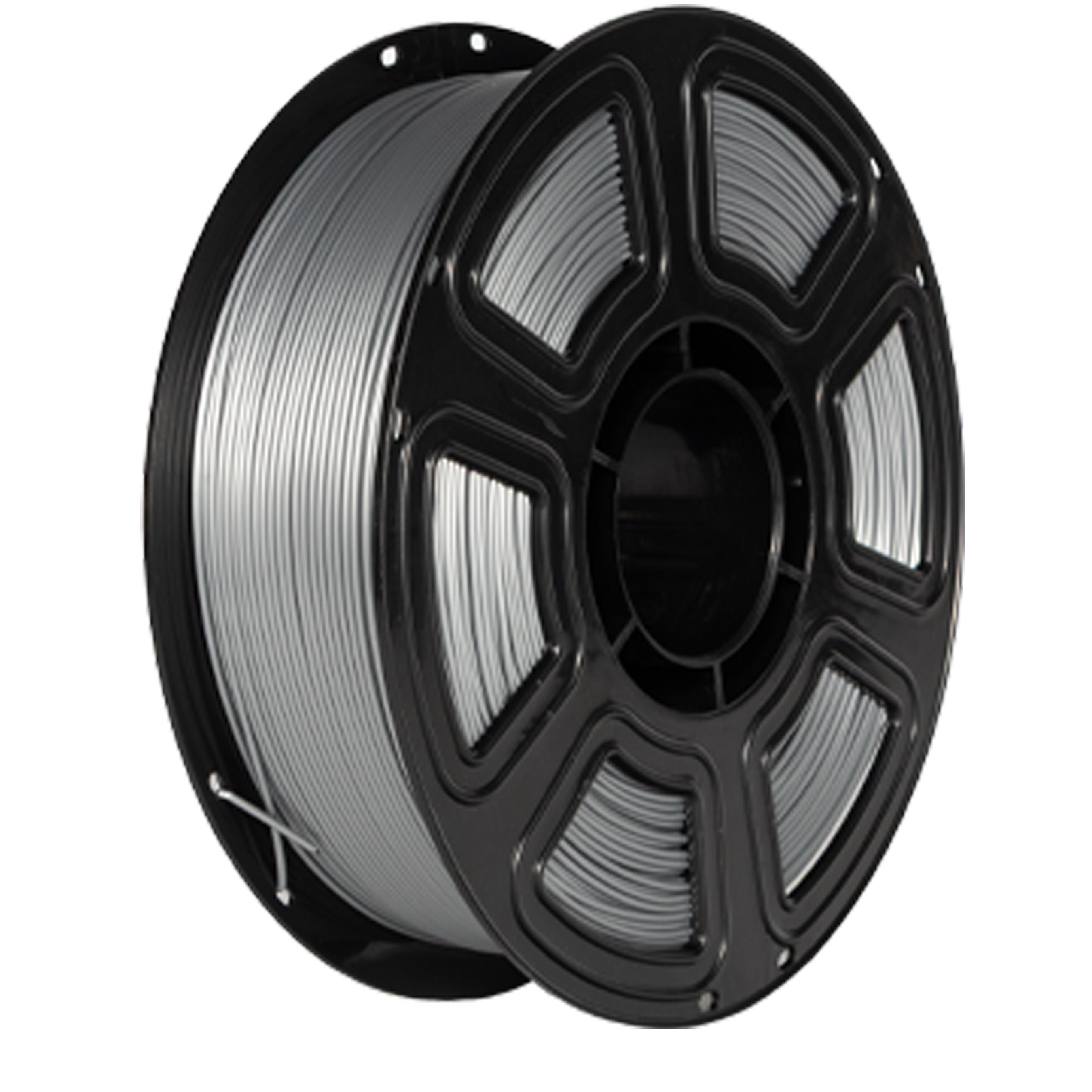Spool of gray filament on a white background