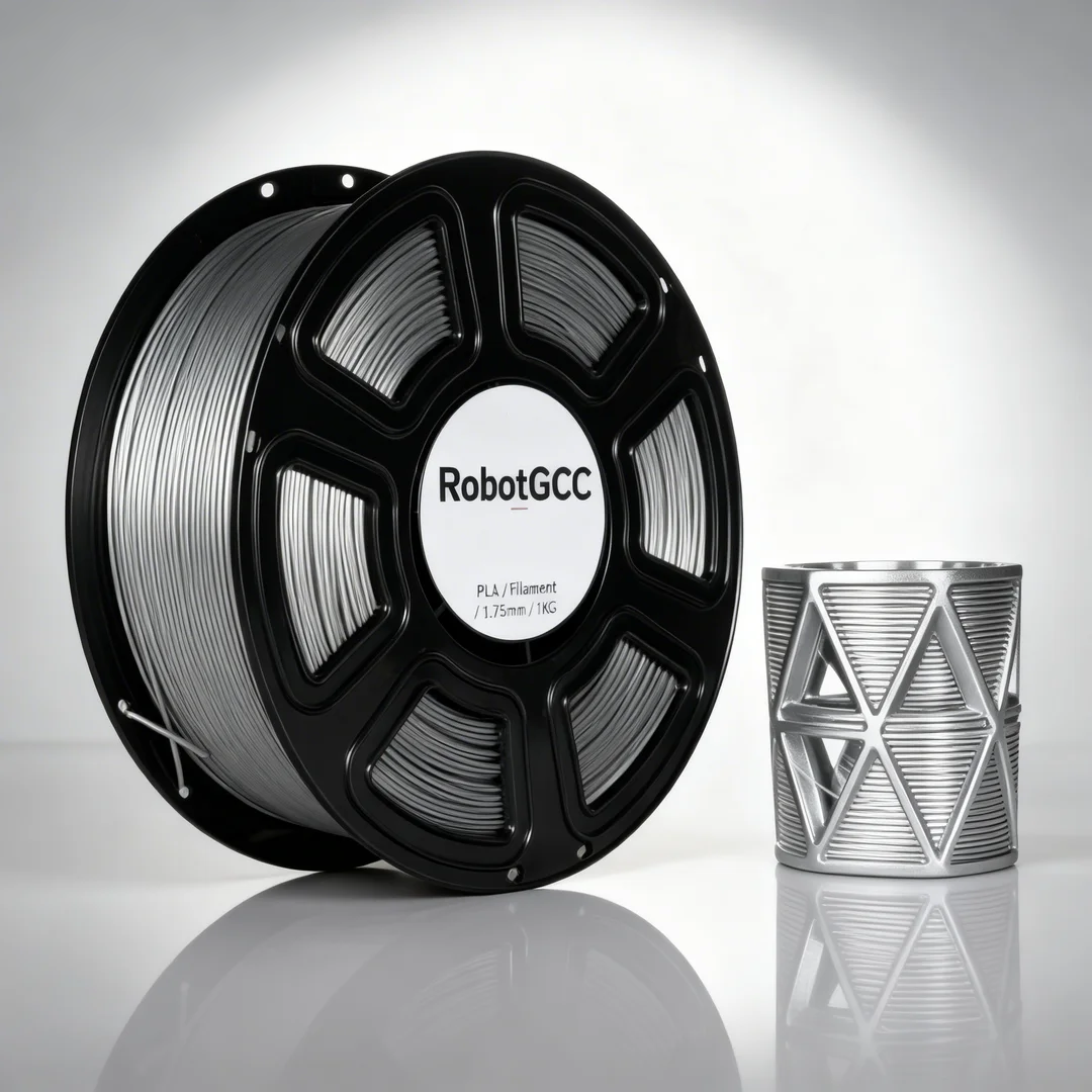 Spool of RobotGCC 3D printing filament with a printed object on a reflective surface