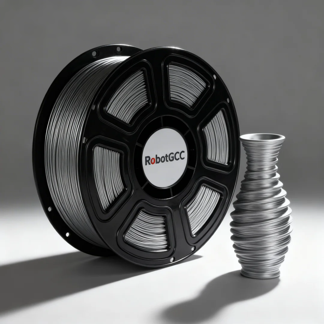 Spool of 3D printing filament with RobotGCC branding on a gray background