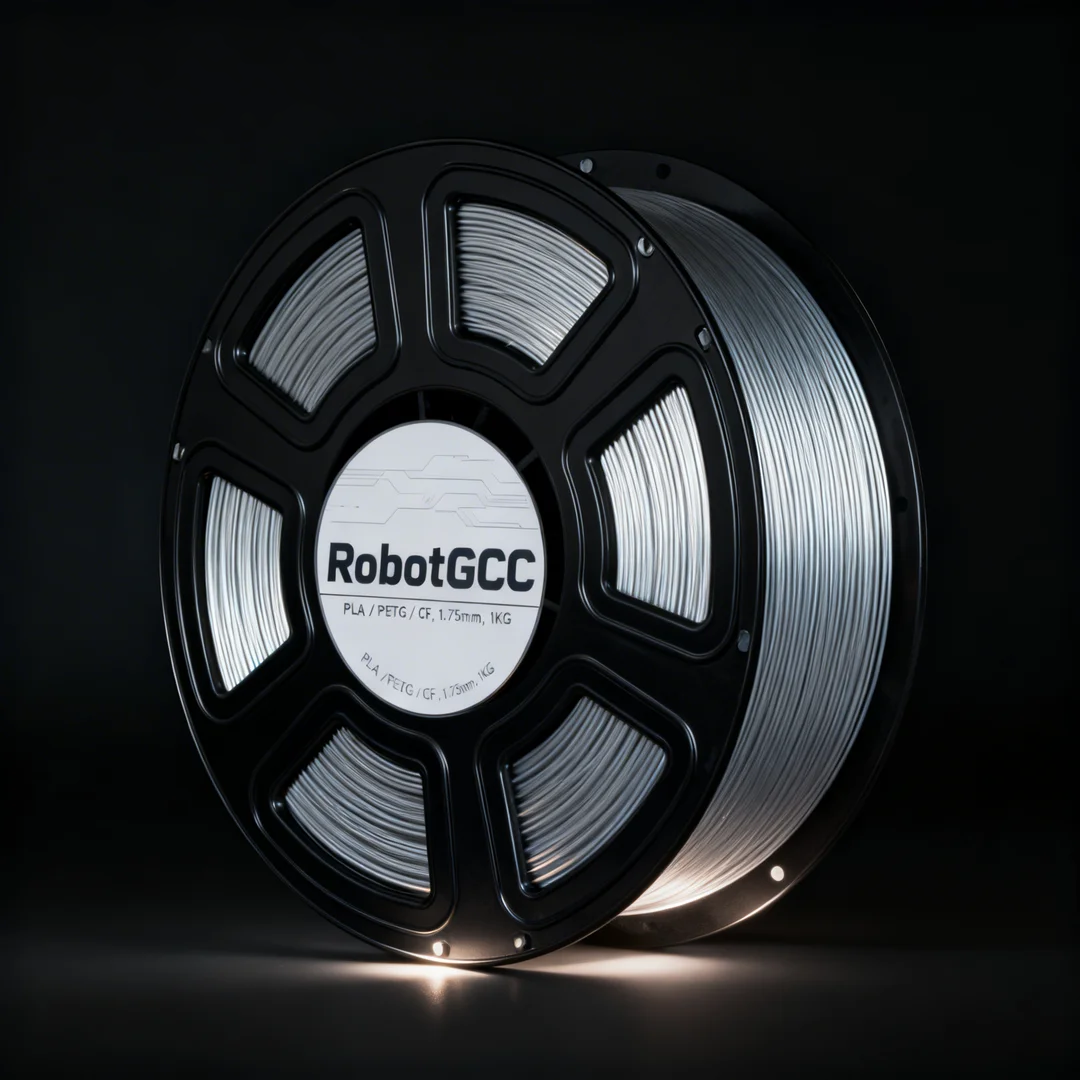 Spool of filament with RobotGCC branding on a dark background