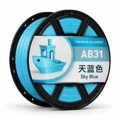 Spool of sky blue filament with a label on a white background