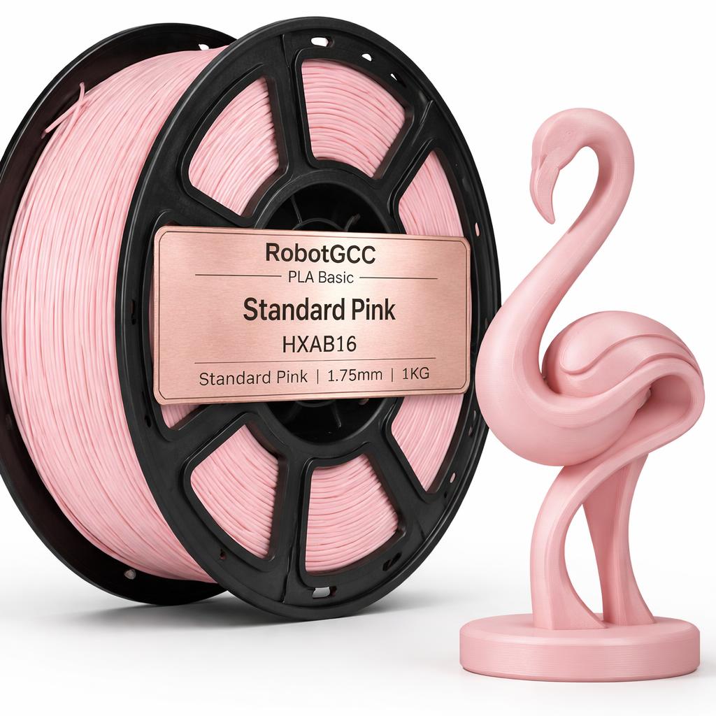 Spool of pink 3D printing filament and a pink flamingo figurine on a white background