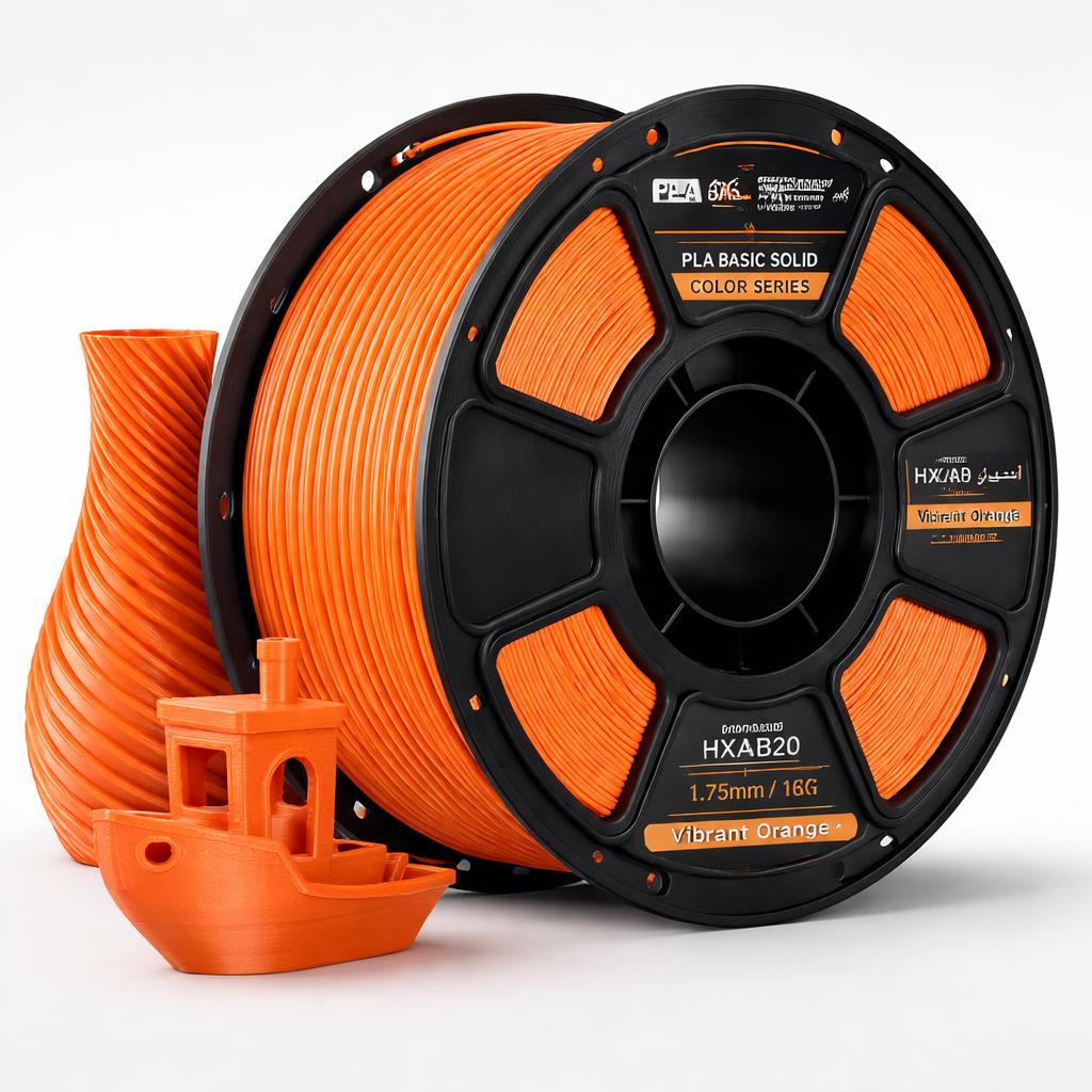 Spool of orange 3D printing filament with a small model boat on a white background
