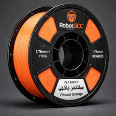 Spool of vibrant orange 3D printing filament with RobotGCC branding on a dark background