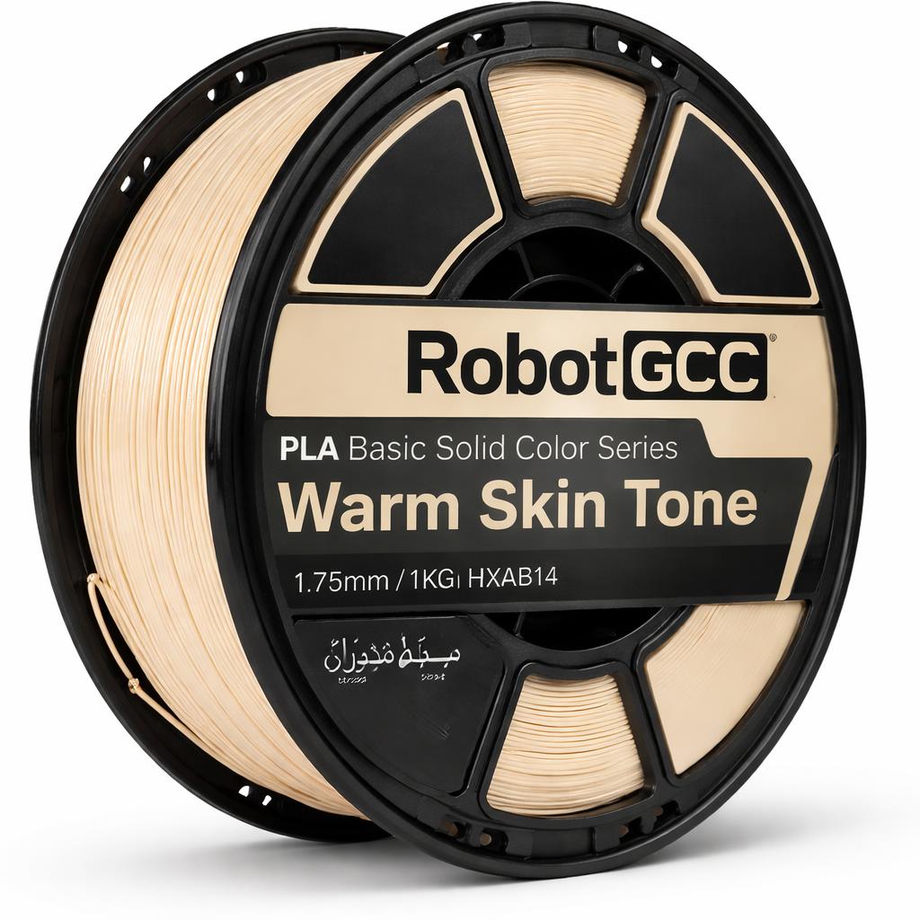 Spool of filament labeled 'RobotGCC Warm Skin Tone' on a white background