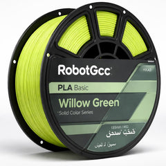 Spool of green 3D printing filament with RobotGcc branding on a white background