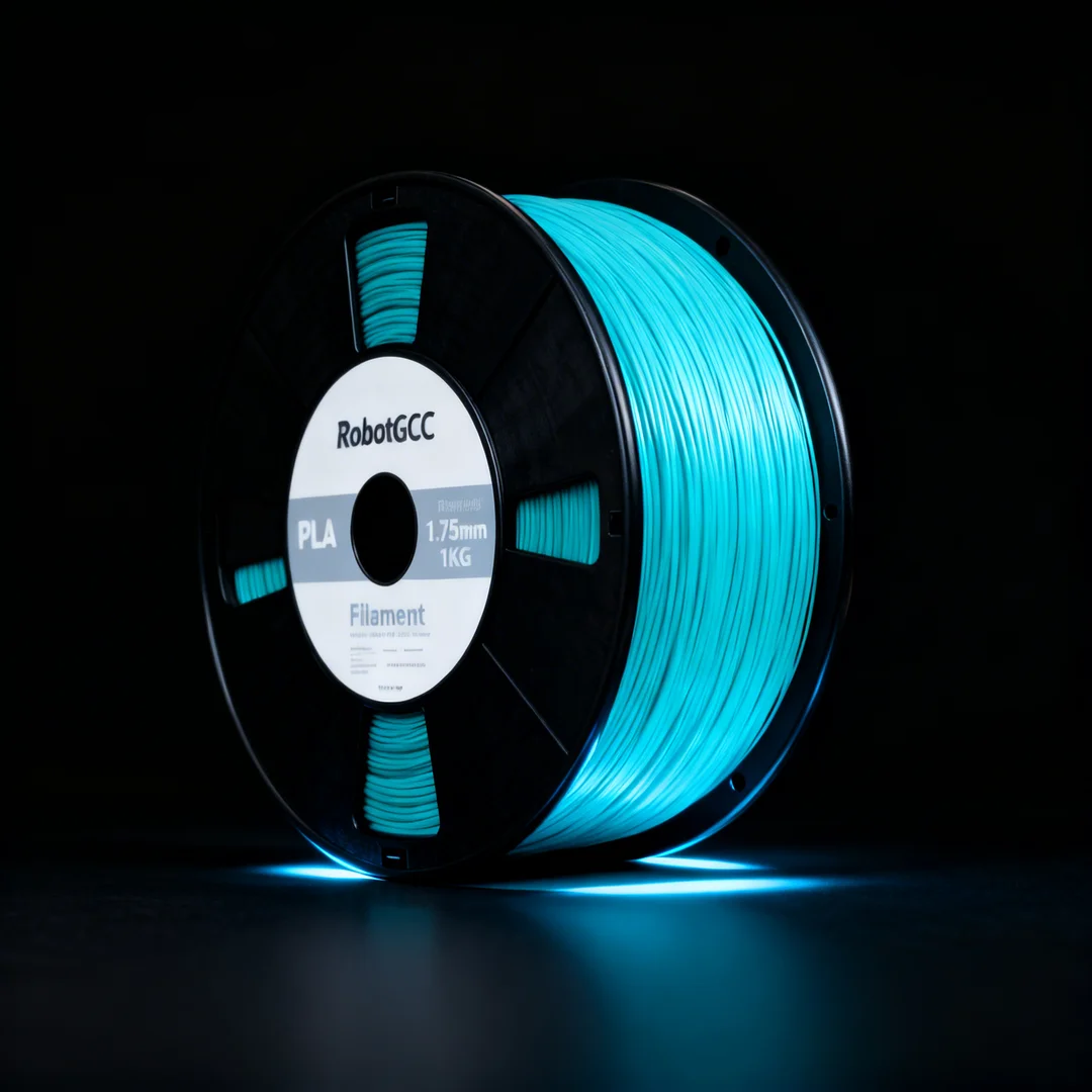 Spool of blue 3D printing filament with RobotGCC label on a black background