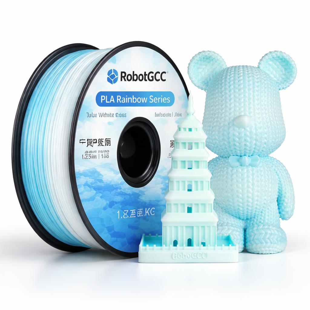 Spool of RobotGCC PLA Rainbow Series filament with a 3D printed tower and bear model on a white background