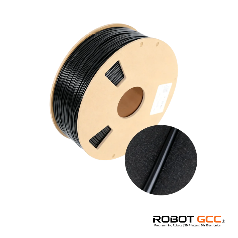 Spool of black filament with close-up and Robot GCC branding
