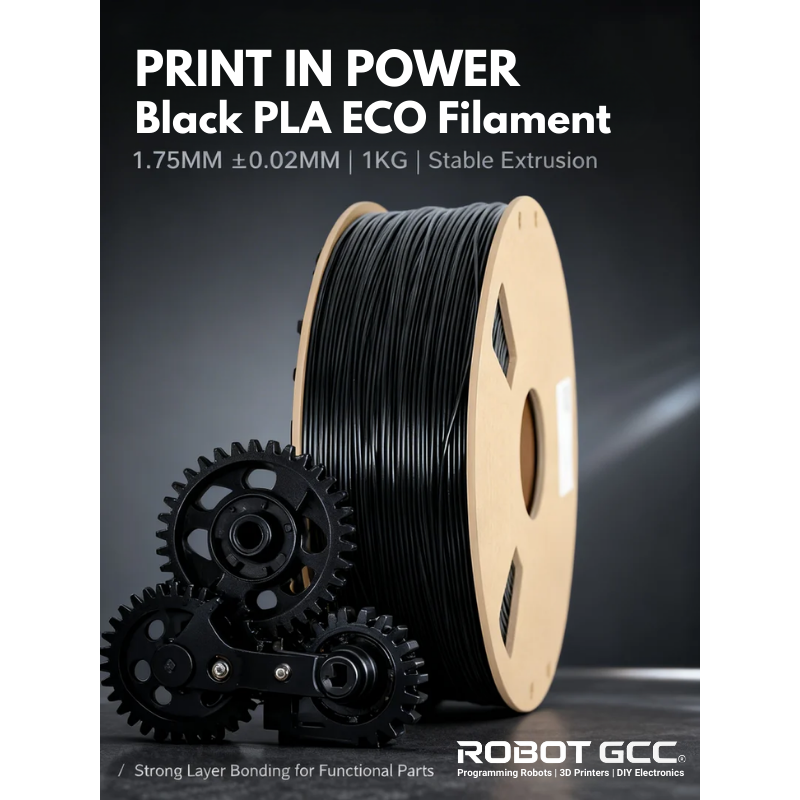 Spool of black PLA ECO filament with gears on a dark background, featuring Robot GCC branding.