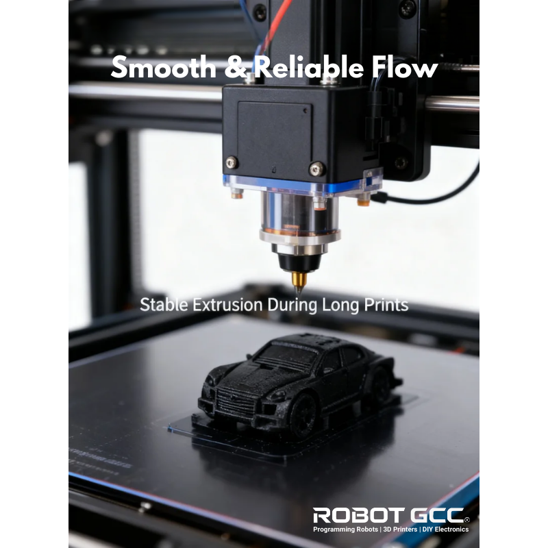 3D printer in action with a car model on a white background, featuring text about smooth and reliable flow.