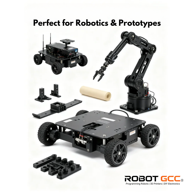 Robotics kit with components and a robot chassis on a white background, featuring the ROBOTGCC brand.