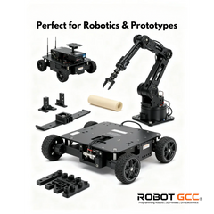 Robotics kit with components and a robot chassis on a white background, featuring the ROBOTGCC brand.