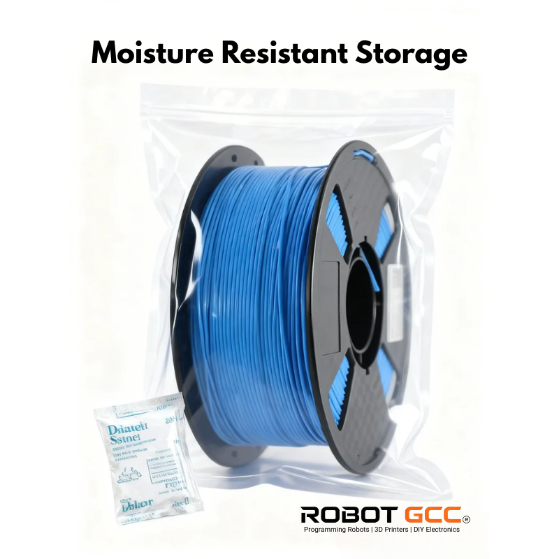 Blue spool of filament with moisture absorber and 'Robot GCC' branding on a white background.