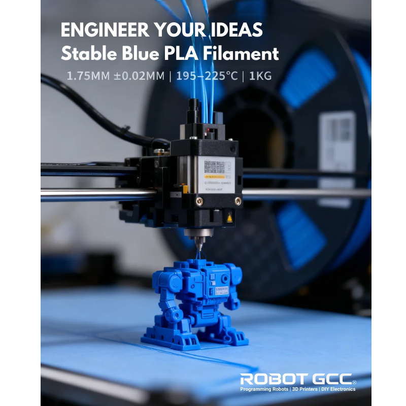 3D printer with blue PLA filament and a small robot model on a white background, featuring text about the filament properties.