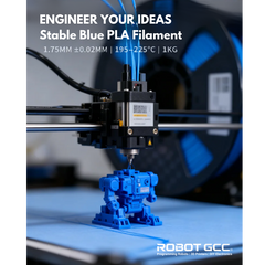 3D printer with blue PLA filament and a small robot model on a white background, featuring text about the filament properties.