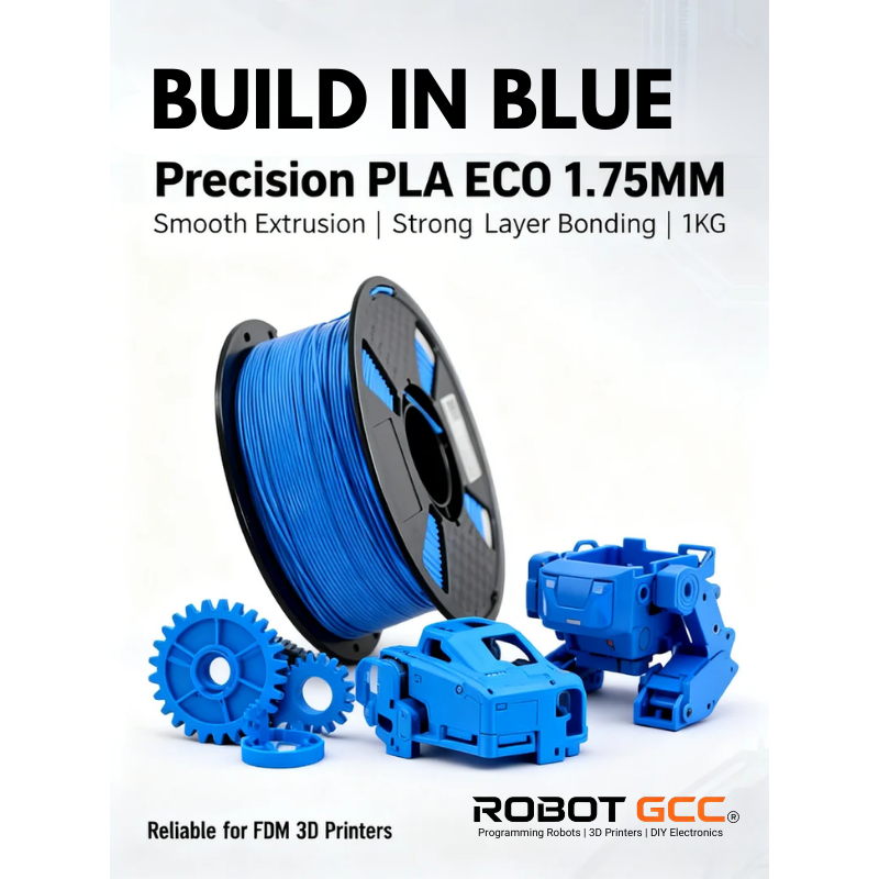 Blue 3D printing filament spool with 3D printed models and Robot GCC branding on a white background.