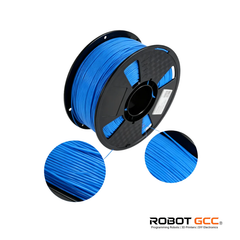 Spool of blue filament with close-up views and Robot GCC branding on a white background