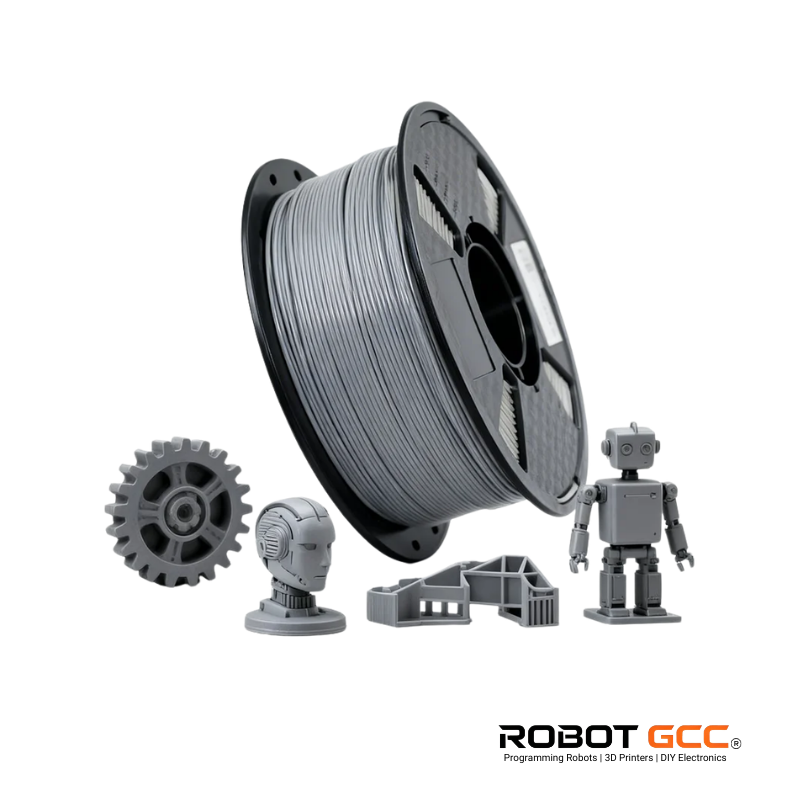 Spool of gray 3D printing filament with 3D printed components and Robot GCC logo on a white background