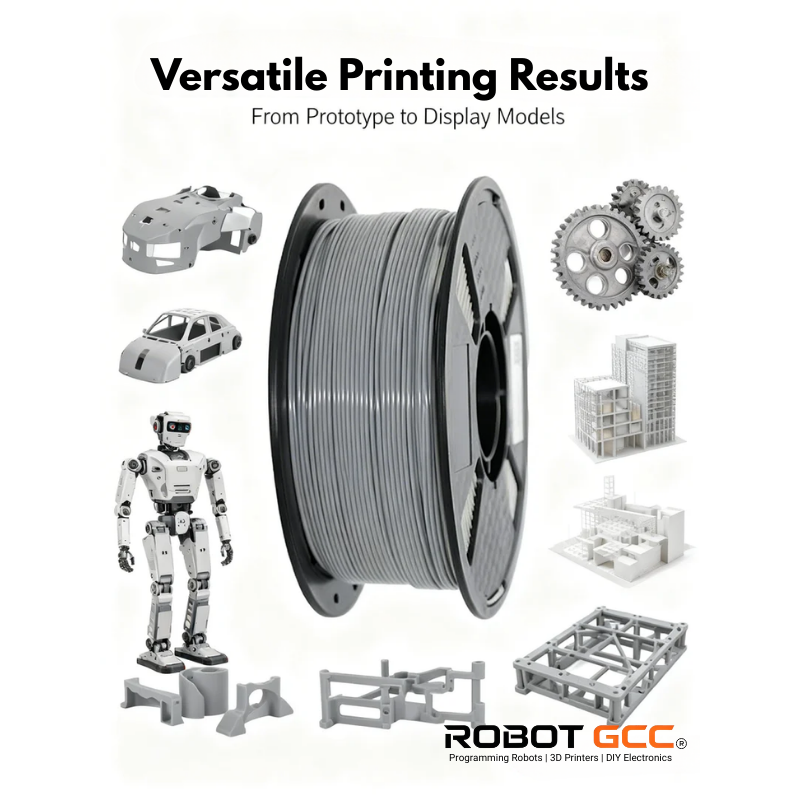 Spool of filament with 3D printed models and components on a white background, featuring Robot GCC branding.