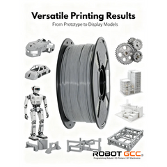 Spool of filament with 3D printed models and components on a white background, featuring Robot GCC branding.