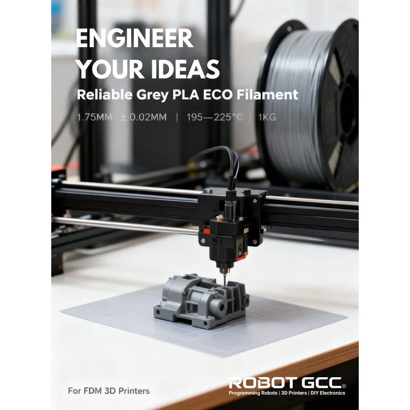 3D printer with filament spool and printed object, featuring Robot GCC branding.