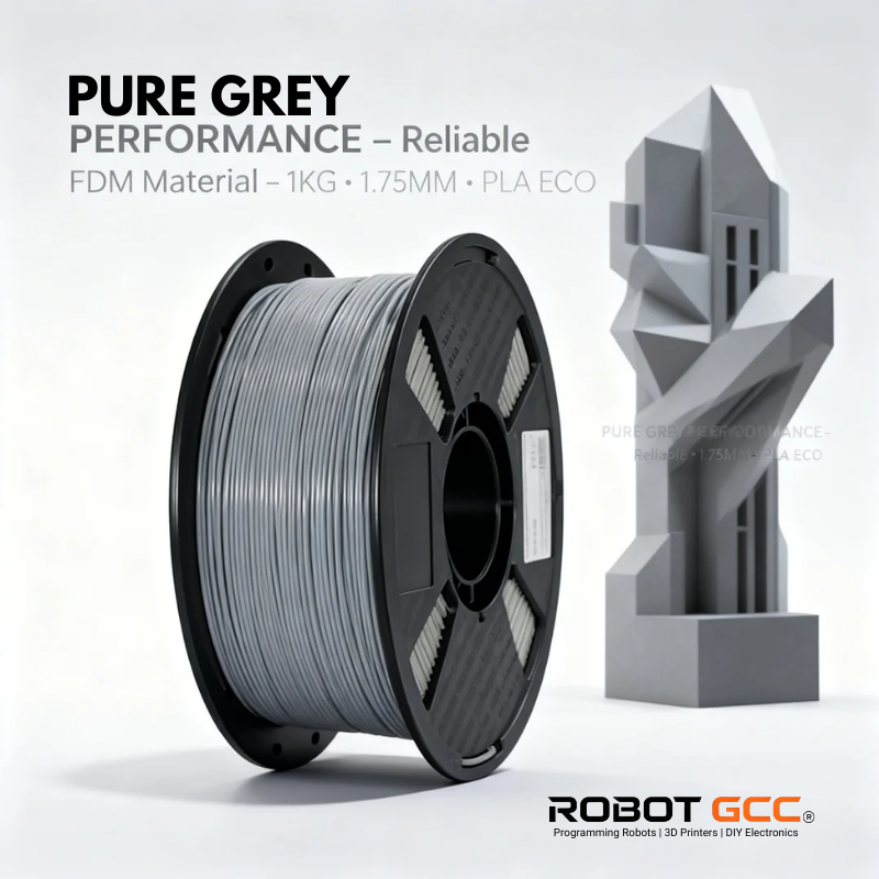 Spool of pure grey FDM material with a 3D printed sculpture on a white background, featuring Robot GCC branding.