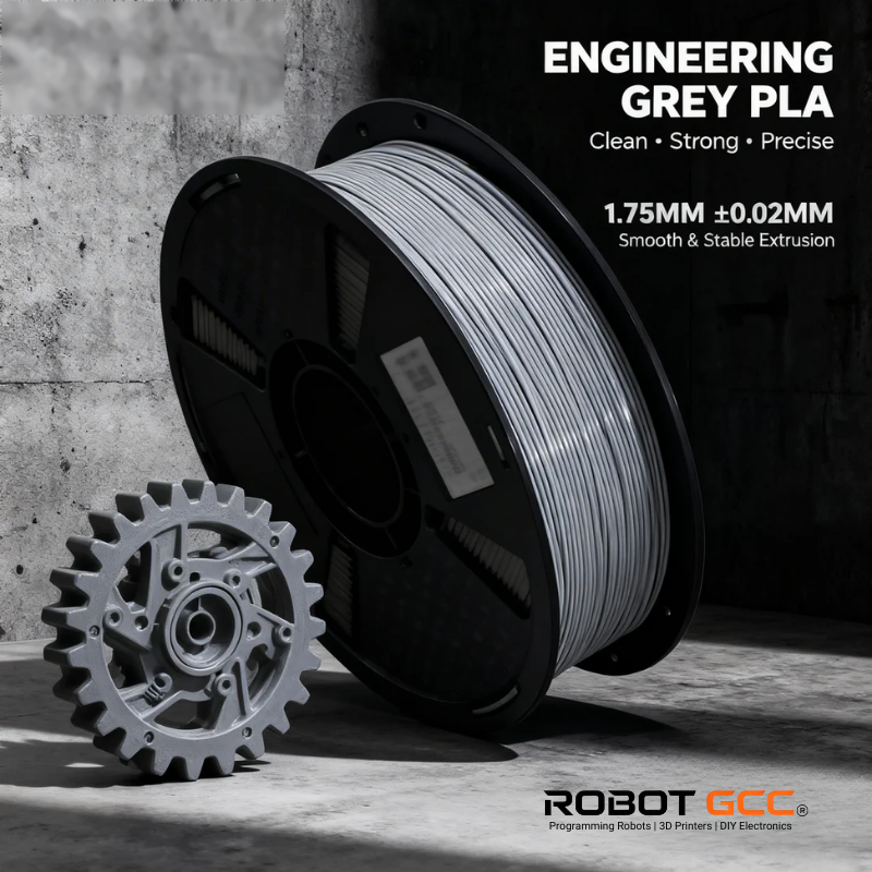 Spool of Engineering Grey PLA filament with a gear on a concrete background, featuring Robot GCC branding.
