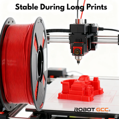 3D printer with red filament spool and printed object, featuring Robot GCC branding.
