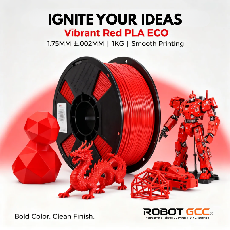 Red PLA ECO filament spool with 3D printed models and Robot GCC branding.