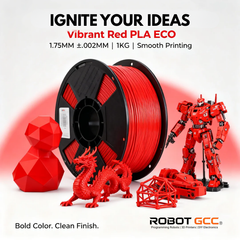 Red PLA ECO filament spool with 3D printed models and Robot GCC branding.