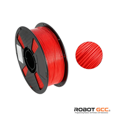Spool of red 3D printing filament with close-up and Robot GCC branding.