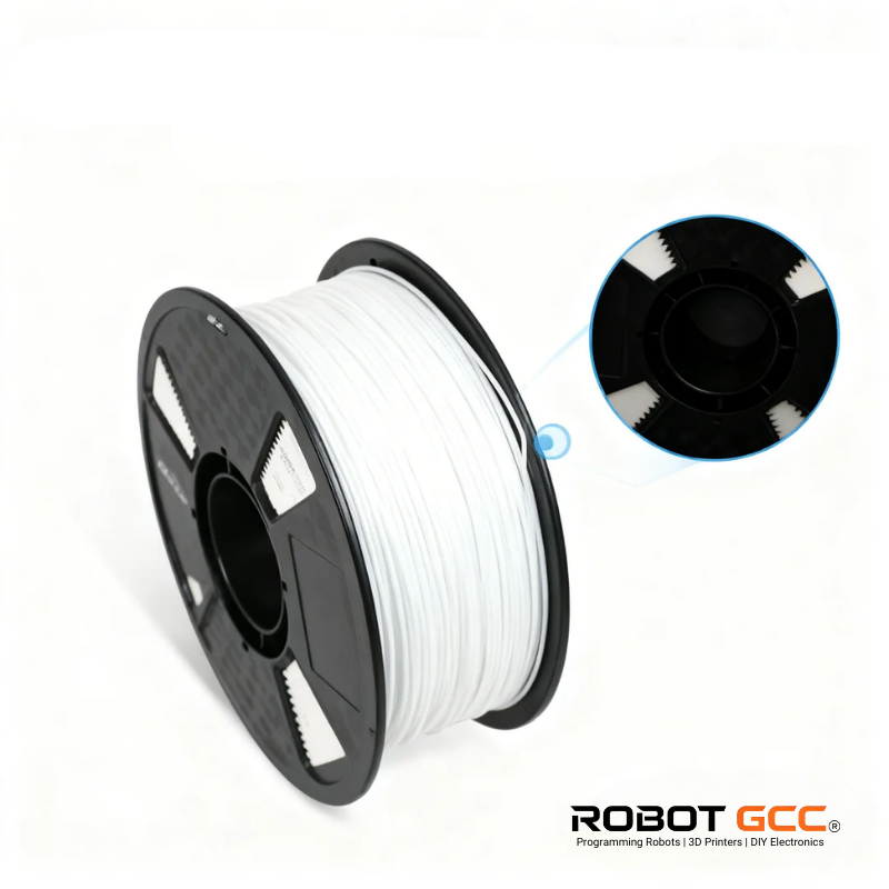 Spool of white filament with Robot GCC branding on a white background