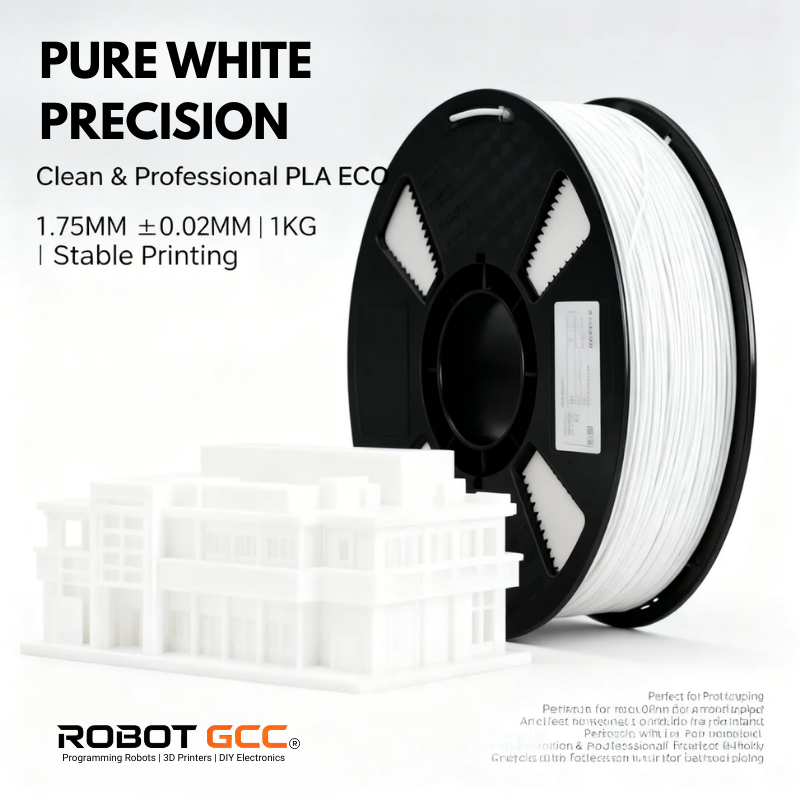 Spool of white 3D printing filament with branding and specifications on a light gray background