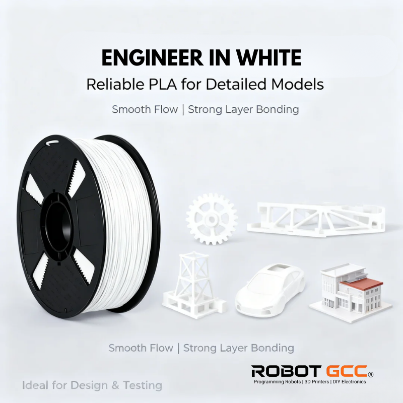 Spool of white 3D printing filament with model structures on a light gray background, featuring Robot GCC branding.