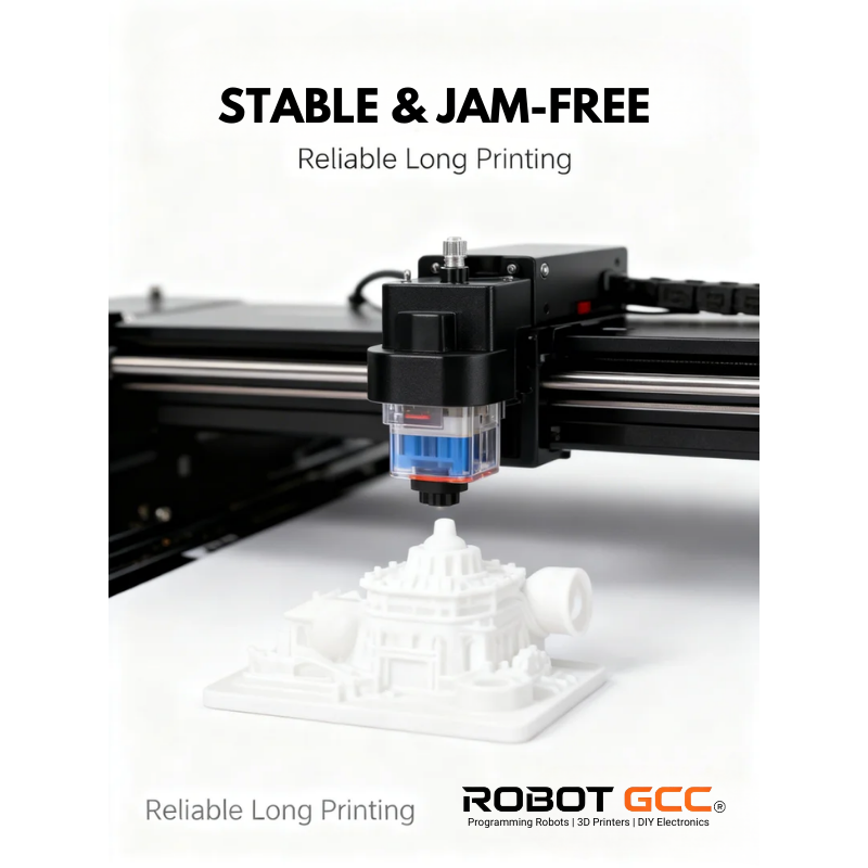 3D printer in action with a printed object, labeled 'Stable & Jam-Free' and 'Reliable Long Printing' by ROBOT GCC.